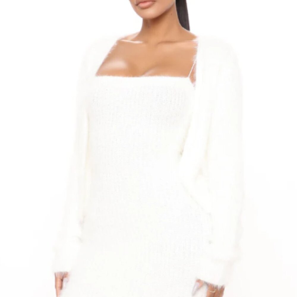 Elegant White Fuzzy Knit Dress